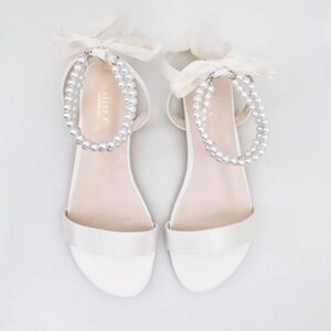 Kailee P Ivory Satin Wedding Flats With Pearl Strap